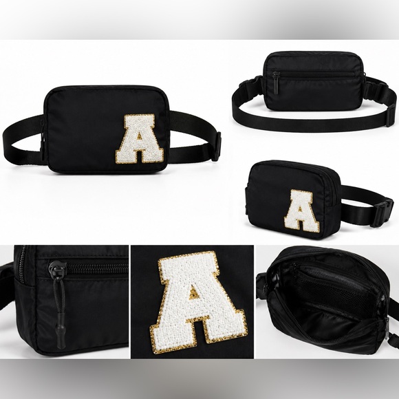 Etsy Handbags - Black Nylon Belt Bag Fanny Pack White & Gold Chenille Letter A Patch Crossbody